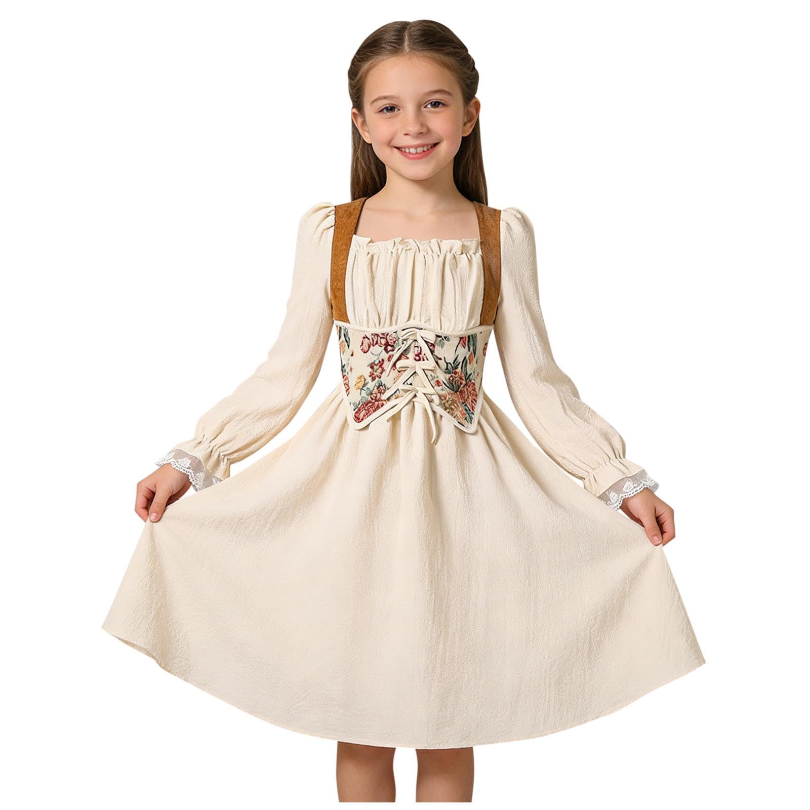 Girls Medieval Dress Dress Up Costumes with Corset, Kids Teens Carnival Elegant French Long Sleeve Gown Classic Court Style Casual Party Wear Halloween Beige 9 Years