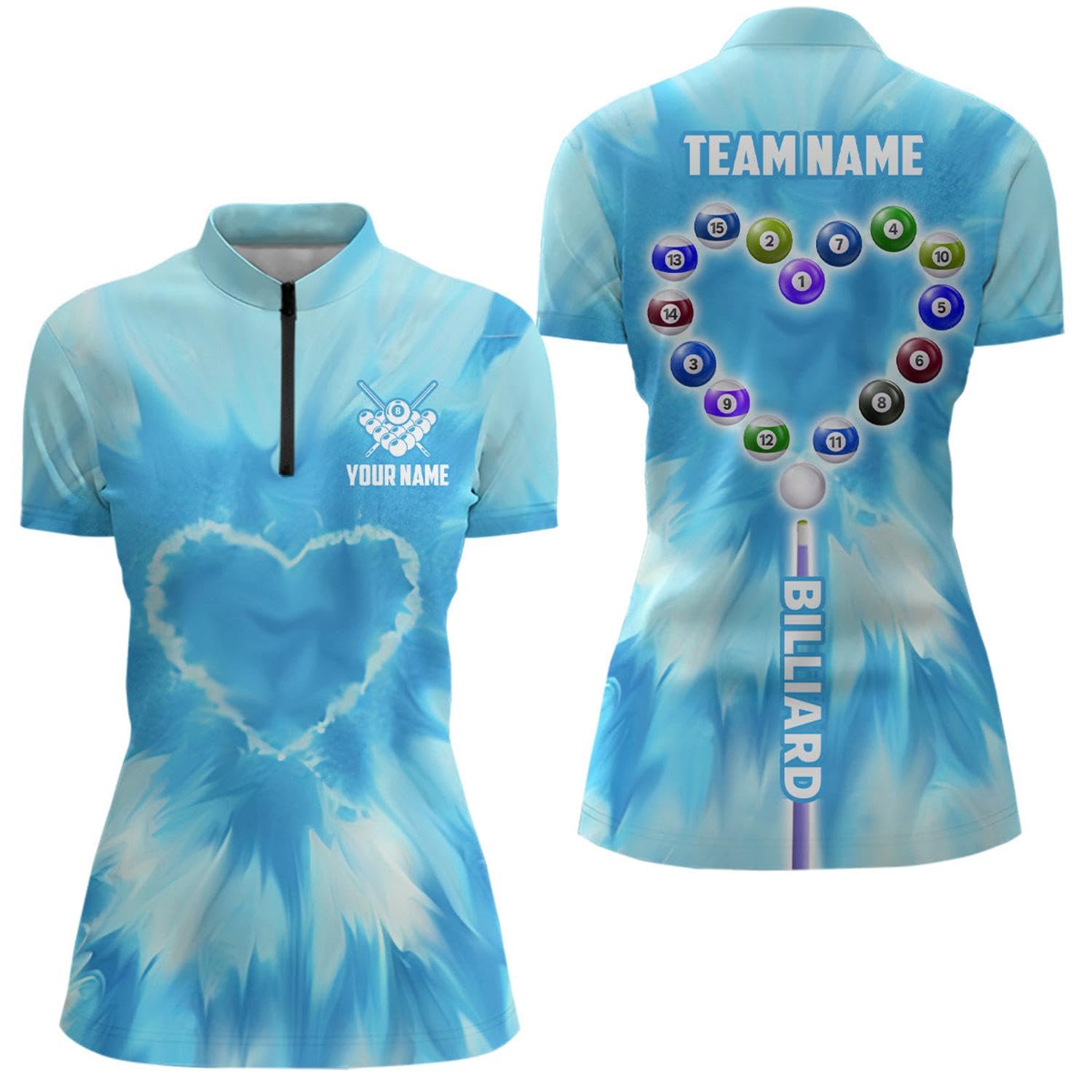 Outfitsuche Personalized Pink Tie Dye Heart Billiard Women Quarter Zip Shirt Billiard Valentines Shirts T0924