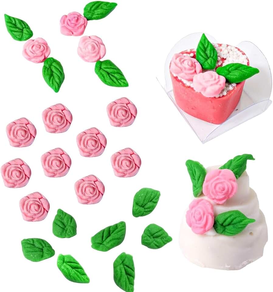 Flor de Açúcar Confeito Comestível Aplique Para Doces Finos Docinho Gourmet Mini Rosa Com Folhas 40 Peças (Rosa)