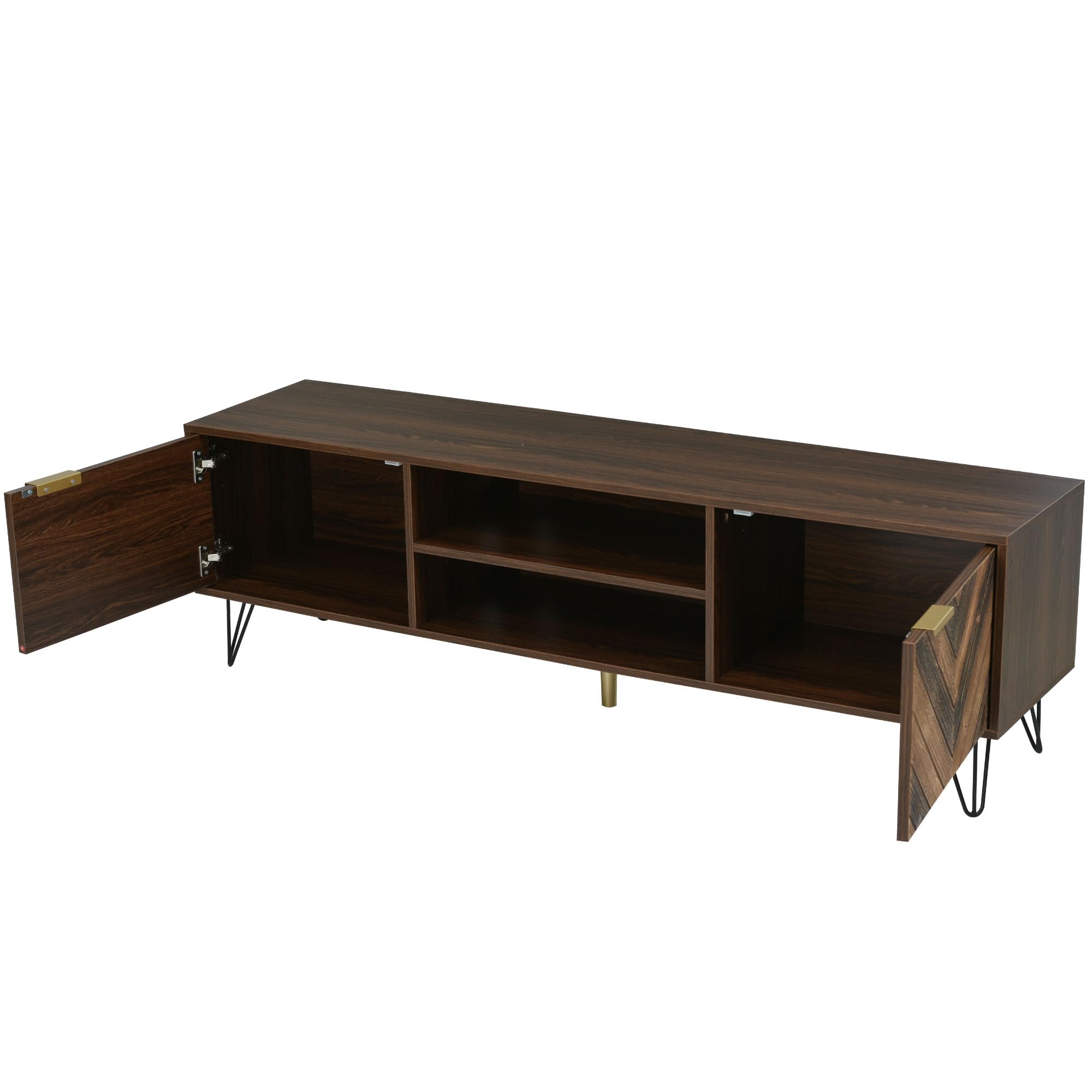 Niska szafka pod telewizor 155 x 38 x 48 cm, imitacja drewna, fornir z litego drewna z 2 drzwiami, złote uchwyty, żelazne nóżki, szafka pod telewizor do 65 cali, szafka pod telewizor, kredens, szafka