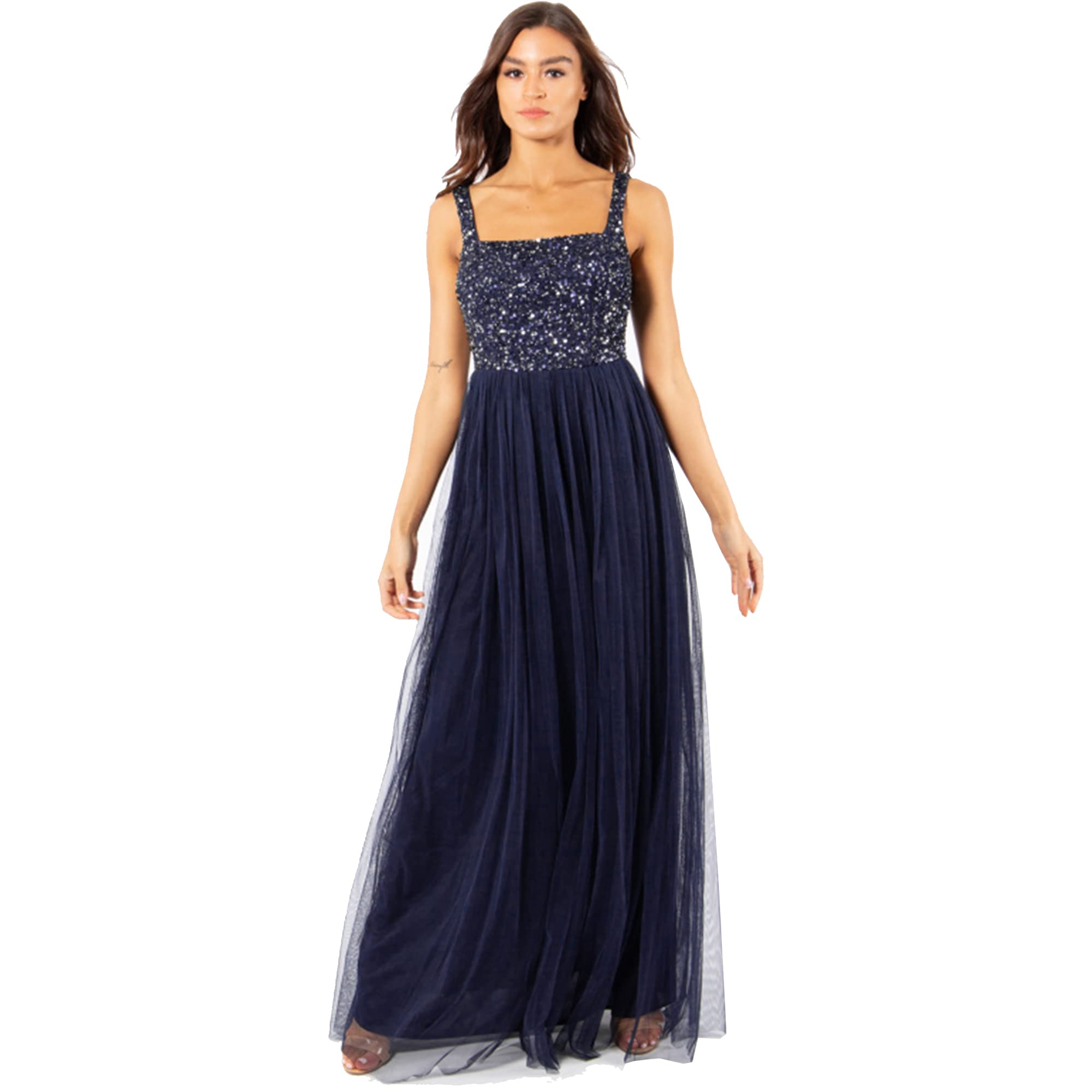 Maya Deluxe Damen Damen Maxikleid mit Breiten Trägern, Ärmellos, Quadratischer Ausschnitt, Verziert für Hochzeit, Gast, Abschlussball Bridesmaid Dress
