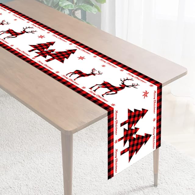 Christmas Table Runner Red Linen Christmas Tablecloth , 14x71 Inch Non-slip Long Table Runner Cloth for Xmas Home Dining Decorations (Christmas Tree & Deer)