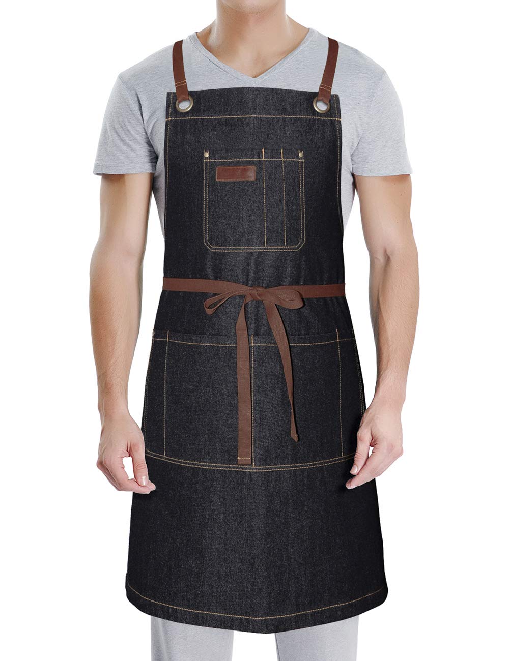 Denim Apron for Women Men with Pockets,Professional for Grill BBQ Kitchen Cooking Artist Painting,Bib Adjustable Design with Cross Back Straps