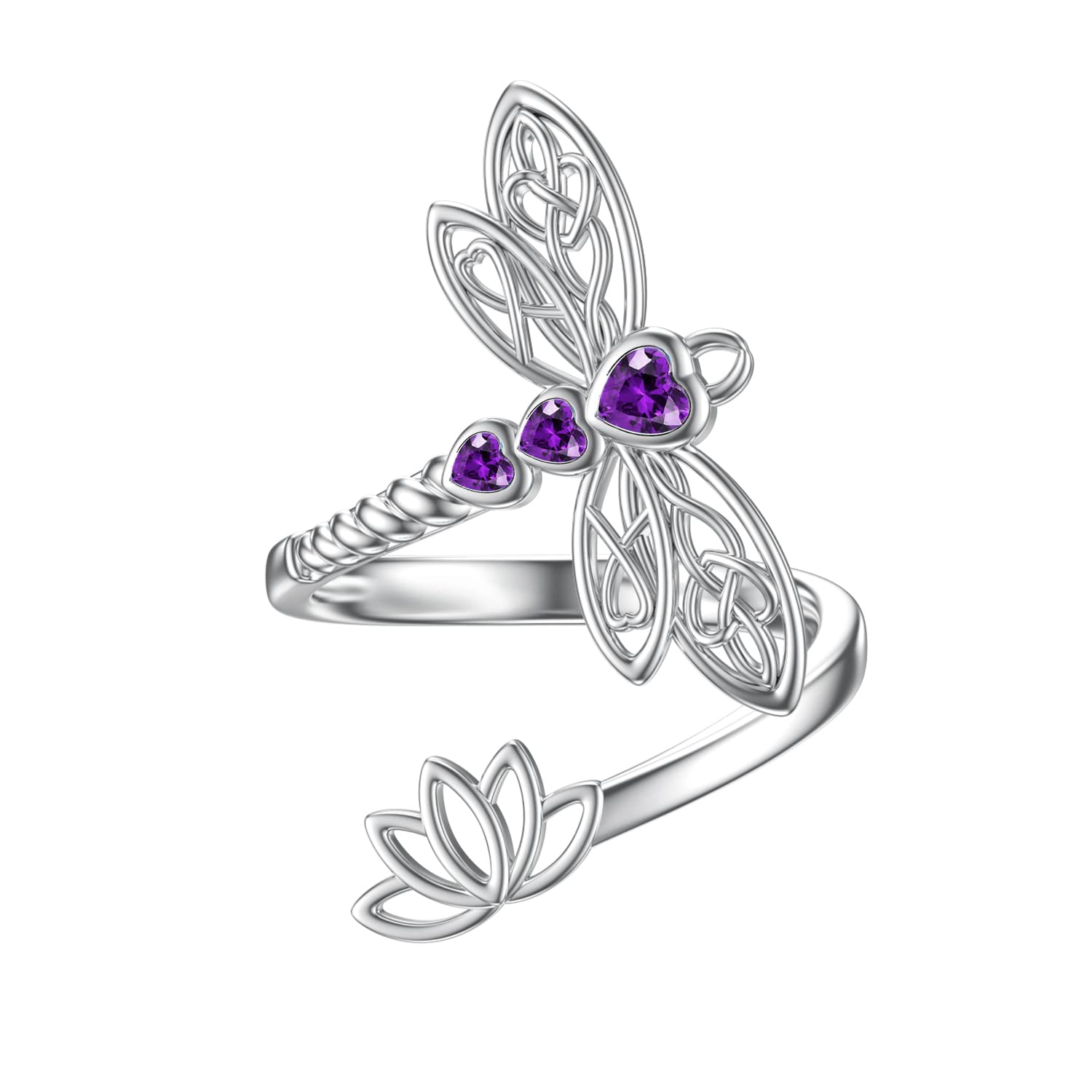 RMREWYDragonfly Lotus Heart Celtic 925 Sterling Silver Adjustable Ring Birthstone Crystal Jewelry for Women Mother’s Day Birthday Gift for Sister Mom Dragonfly Lovers