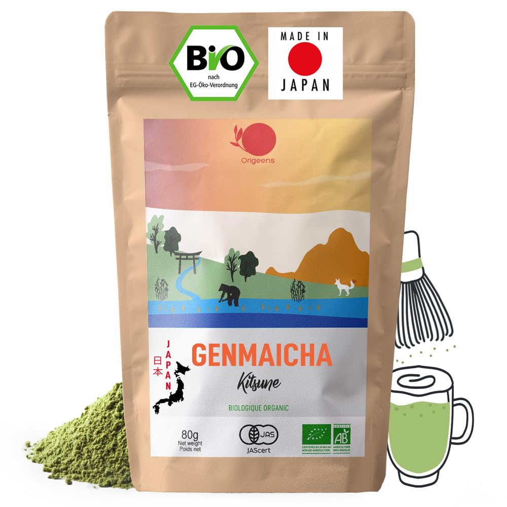 ORIGEENS Japanischer Bio Genmaicha Pulver - Bio Genmaicha Grüntee Pulver für Matcha Latte - 80g Beutel