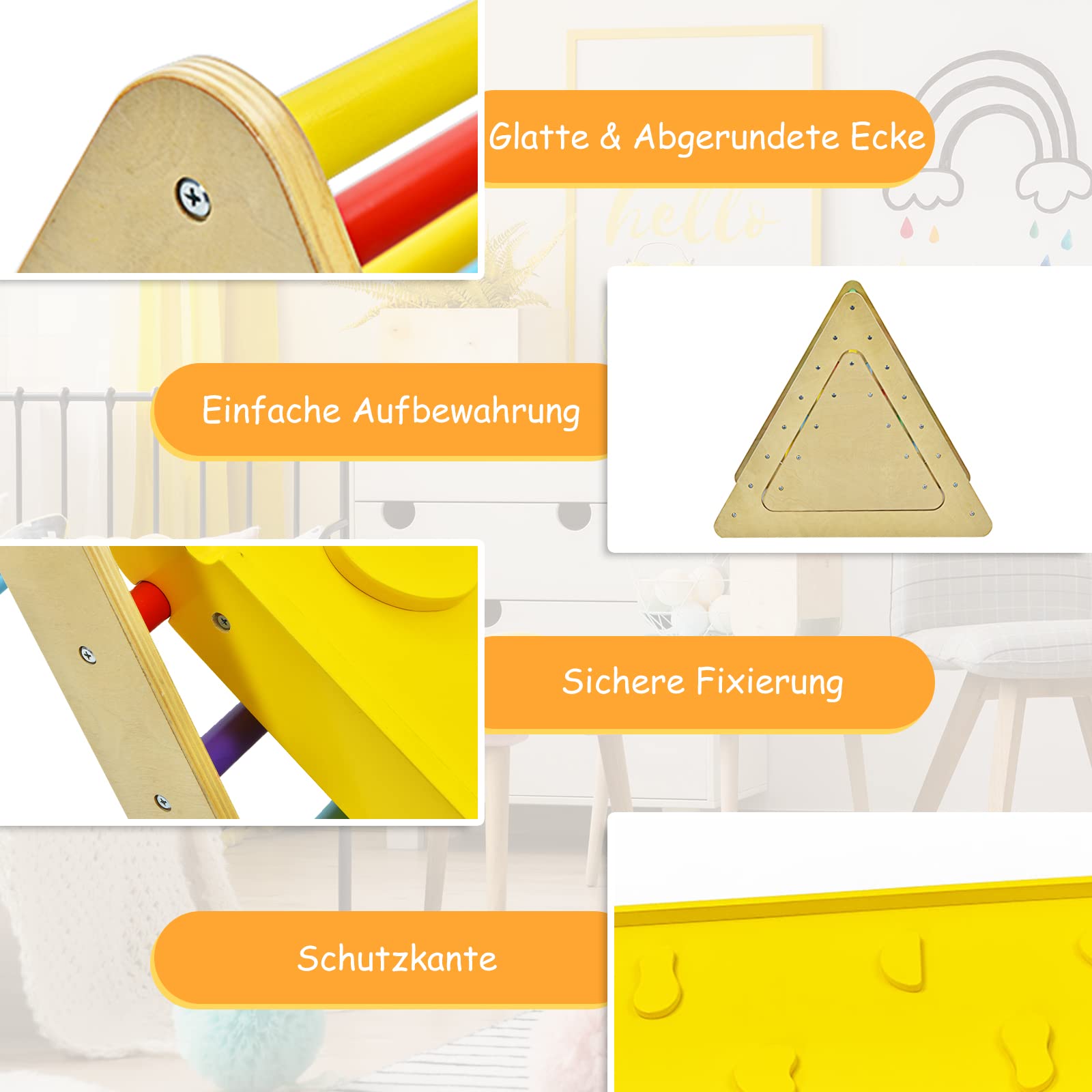 DREAMADE 3 in 1 Kletterdreieck mit Rutschbrett & Leiter, Indoor Klettergerüst klappbar, Holzdreieck Sprossendreieck Klettergerät, Kletterspielzeug Set aus Holz, für Kinder ab 3 Jahre (Bunt)