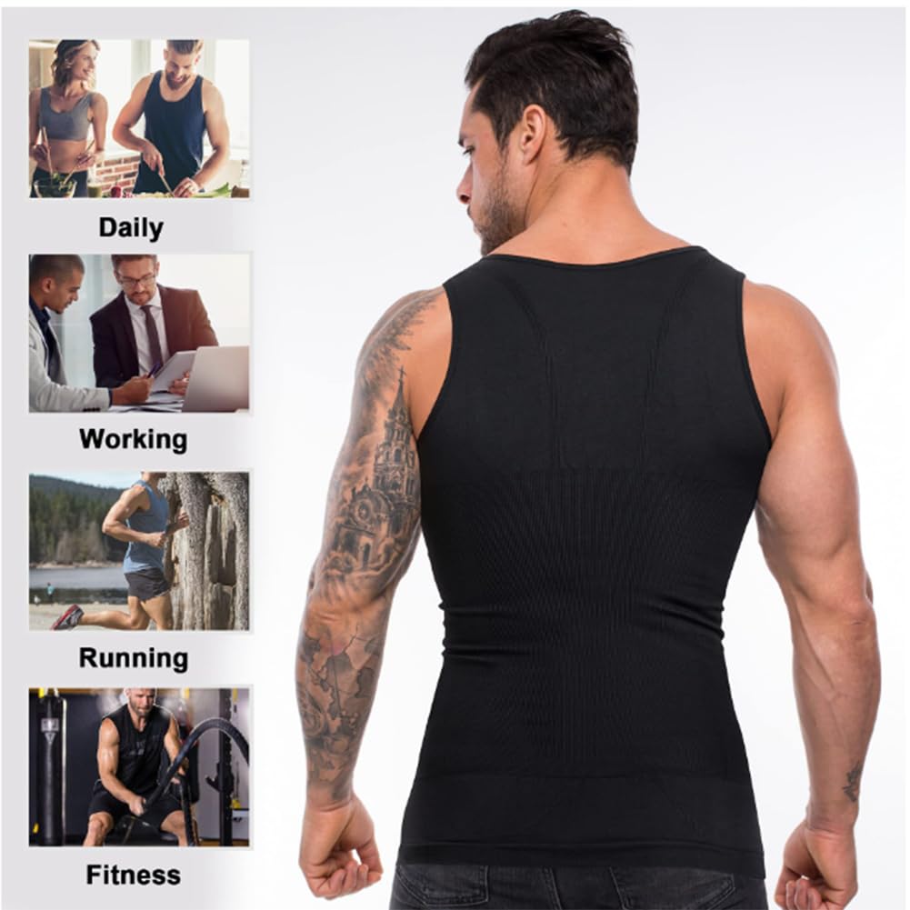 Camiseta de compresión para Hombre, Faja Abdominal, Faja de Pecho, Chaleco Moldeador de Cuerpo Adelgazante, Camisetas sin Mangas de Entrenamiento(Negro-XX-Grande