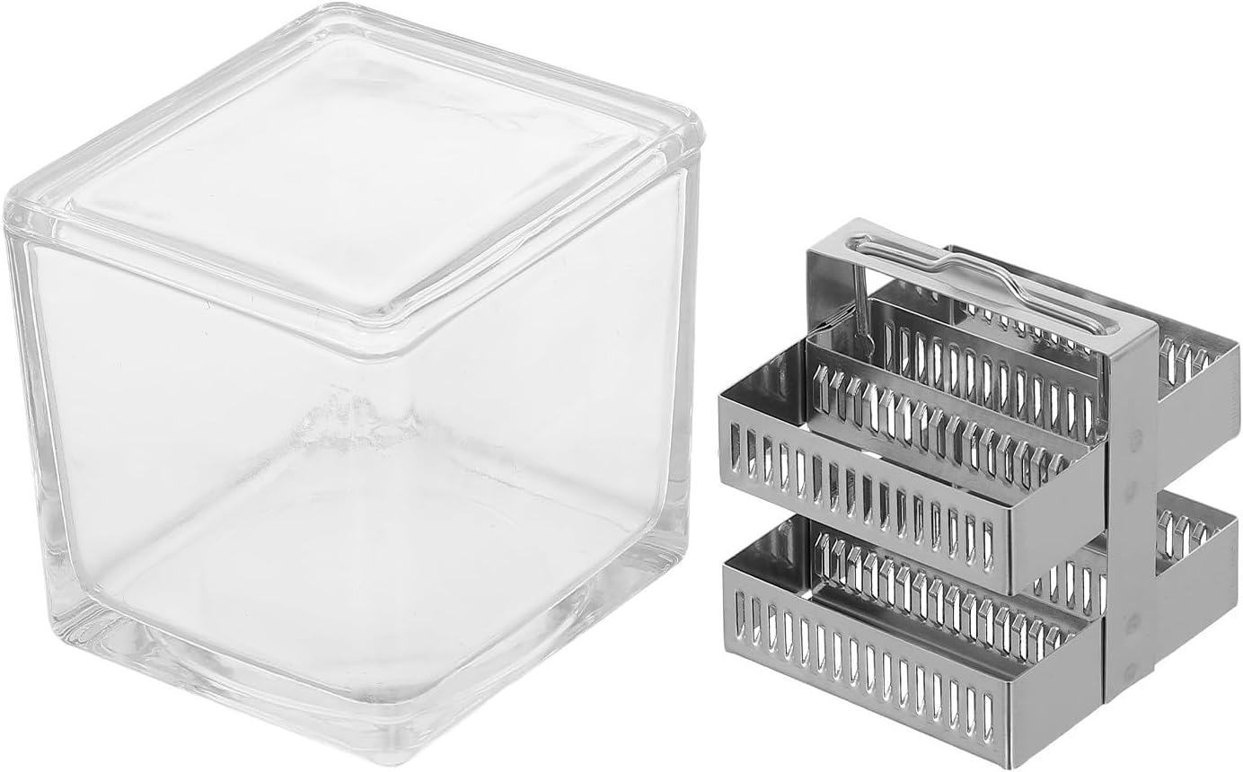 Laboratory Staining Jar: 30 Capacity Lab Glass Staining Jar with Removable Slide Rack - Clear Glass Laboratory Coplin Container for Slide Supplies