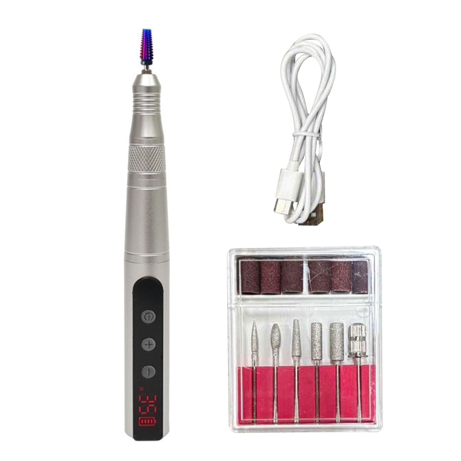 FILFEEL Kabellose Elektrische Nagelfraese, Wiederaufladbarer Nagelbohrer 35000 RPM mit Einstellbarer Geschwindigkeit, Tragbarer Nagelschleifer mit Aluminiumgehaeuse for Manikuere Pedikuere (SILVER)
