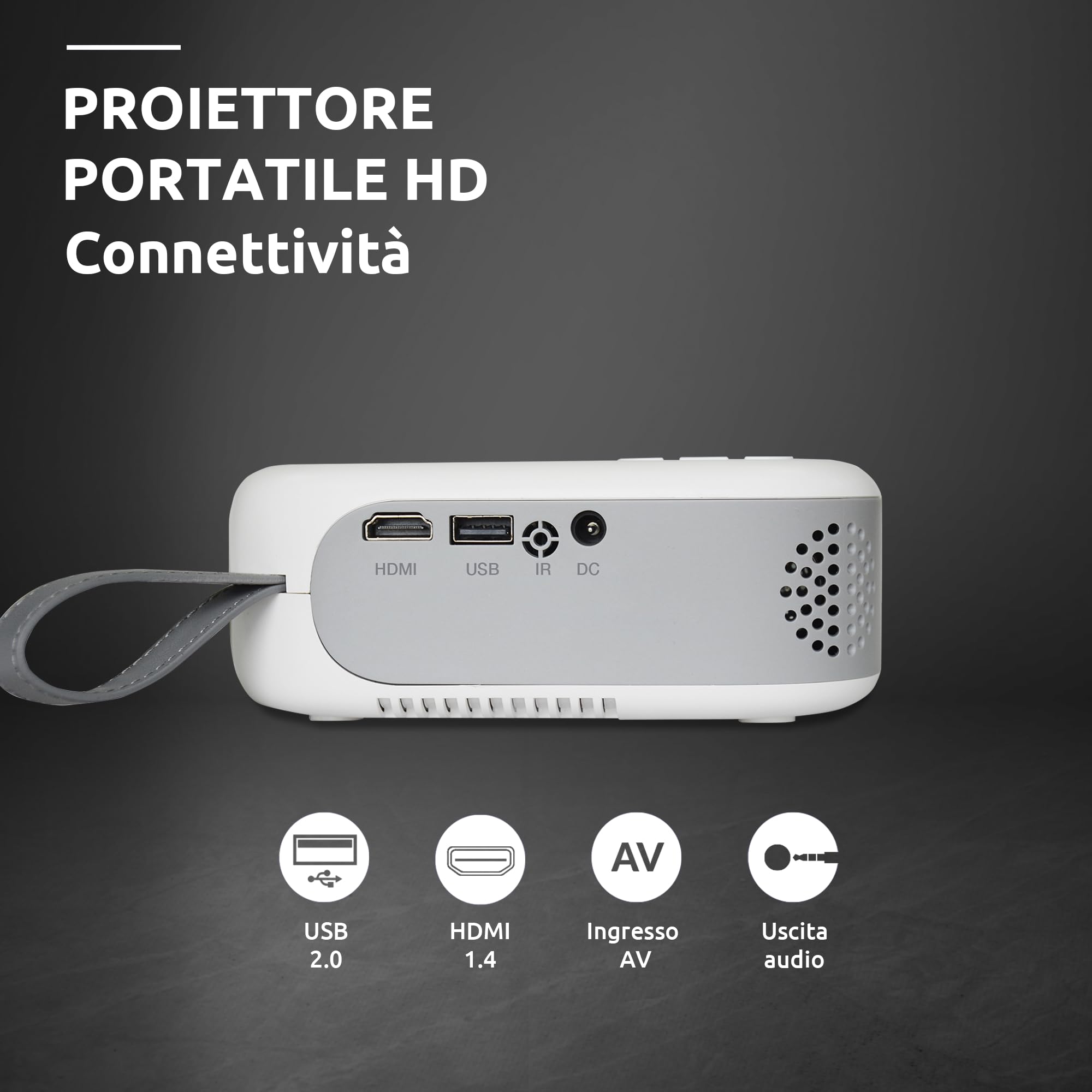 STRONG - Mini proiettore N1 - Risoluzione HD 720p compatibile Full HD 1080p - 120 ANSI Lumens - Distanza di proiezione da 0,9 a 6,2 m - Connettività HDMI/USB/AV + Uscita audio - Bianco