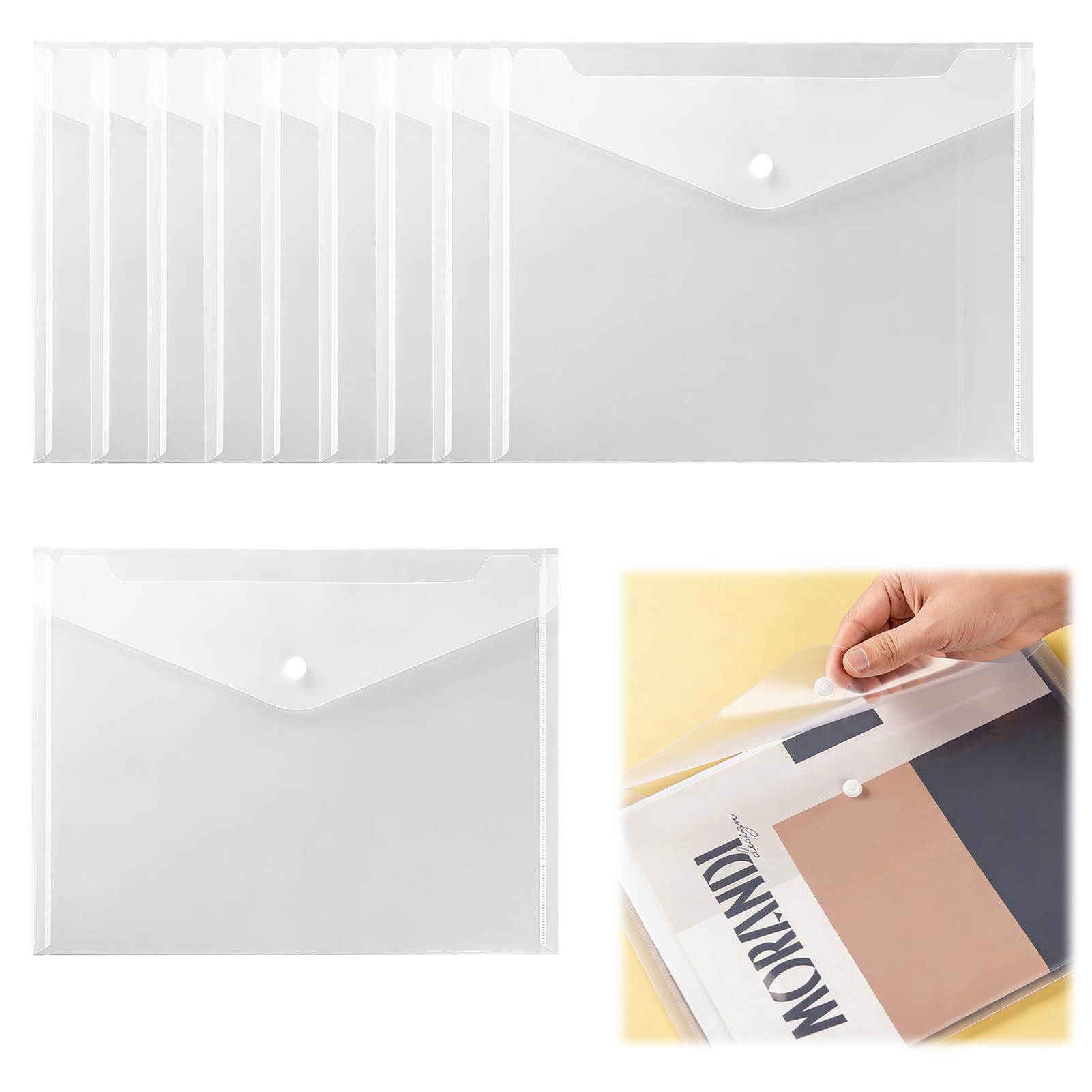 10 Pcs A4 Clear Plastic Wallets 32.5cm X 23.5cm (13.2" X 9.3"), Popper Snap Button Document Folders, Waterproof Transparent Plastic Envelopes for School Office Home Travel File Organization