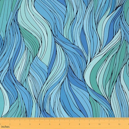 Loussiesd The Yard Tissu bleu sarcelle Art abstrait Ocean Wave Tissu d'ameublement pour chaises, tissu décoratif de style feuille géométrique, 2 mètres,...