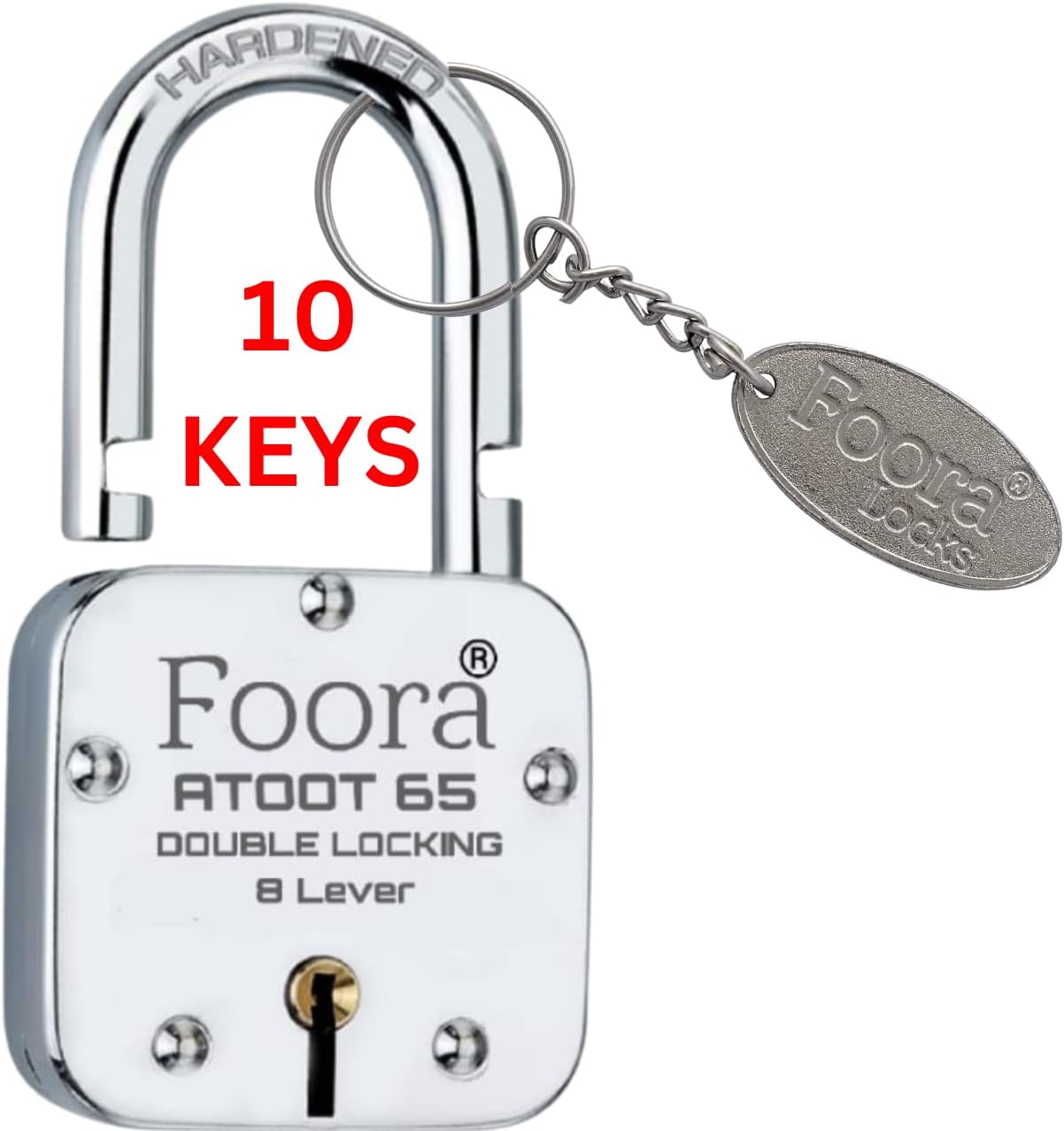 Foora Atoot 65mm Lock and Keys | Hardened Shackle Padlock | Home Metal Body | Double Locking | 8 Steel Lever | 10 Silver Keys with Keychain | Silver Finsih | Made in India | Export in USA | Canada
