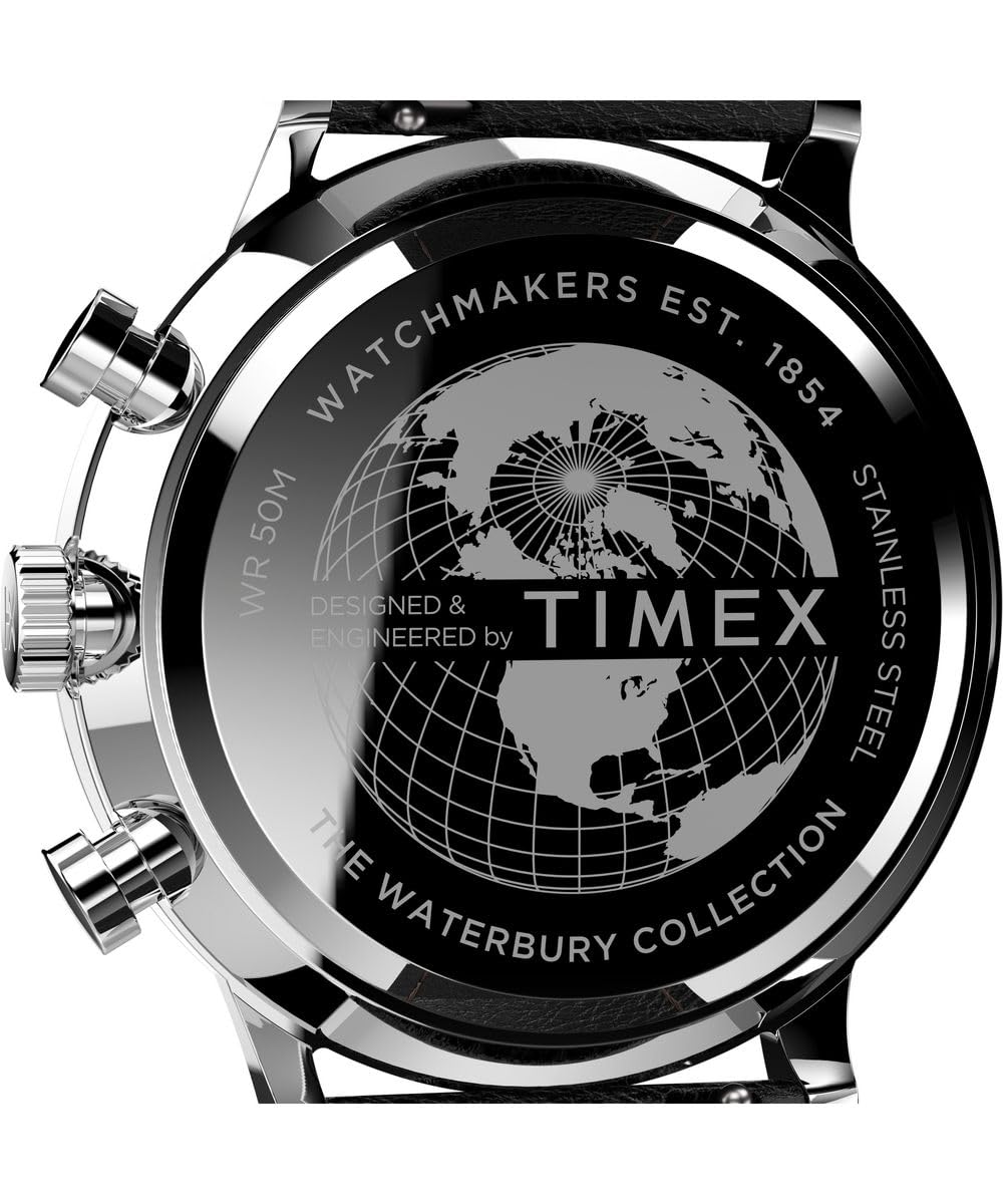 Timex Waterbury Tw2U88300 Zegarek Męski, 40 mm, Czarny Skórzany Pasek, Czarna Tarcza i Koperta ze Stali Nierdzewnej