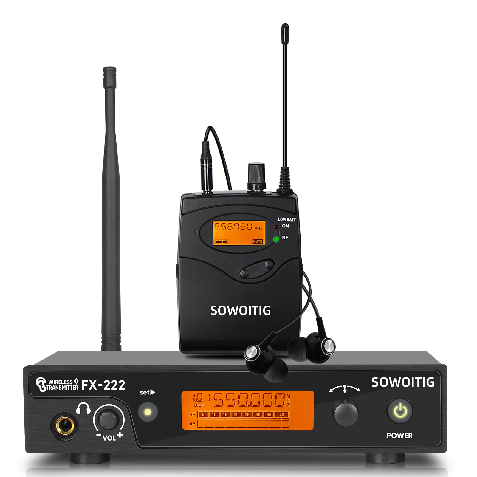 Sistema di monitoraggio wireless in-ear UHF-IEM (mono) con trasmettitore in metallo a rack, ricevitore bodypack e auricolari, 100 frequenze, portata 80 m