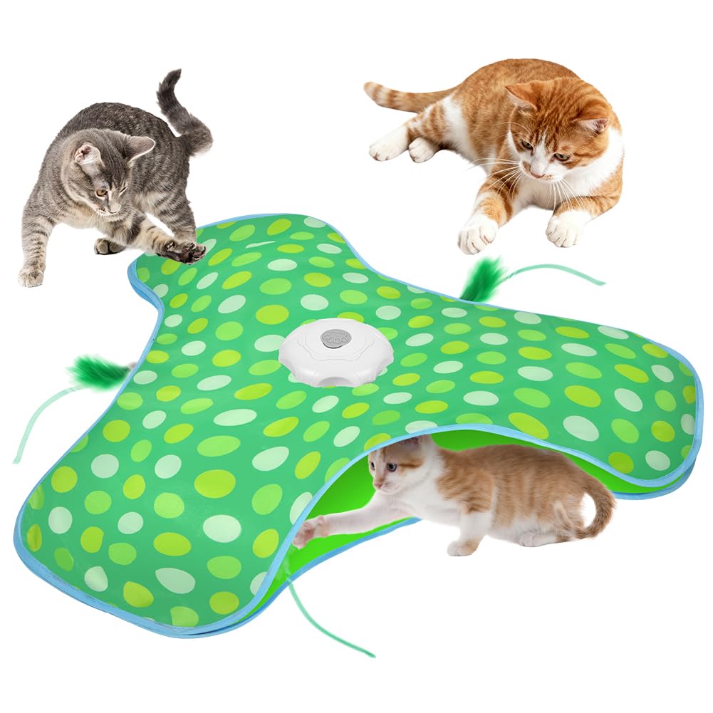 AUYAO Interactive Cat Toy Hide and Seek Interactive Cat Toys Touch-Activated Kitten Toy Moving Concealed Wand Feather 3 in 1 Automatic Exercise Toys for Indoor Bored Adult Cats(Green Polka Dot) — image 1