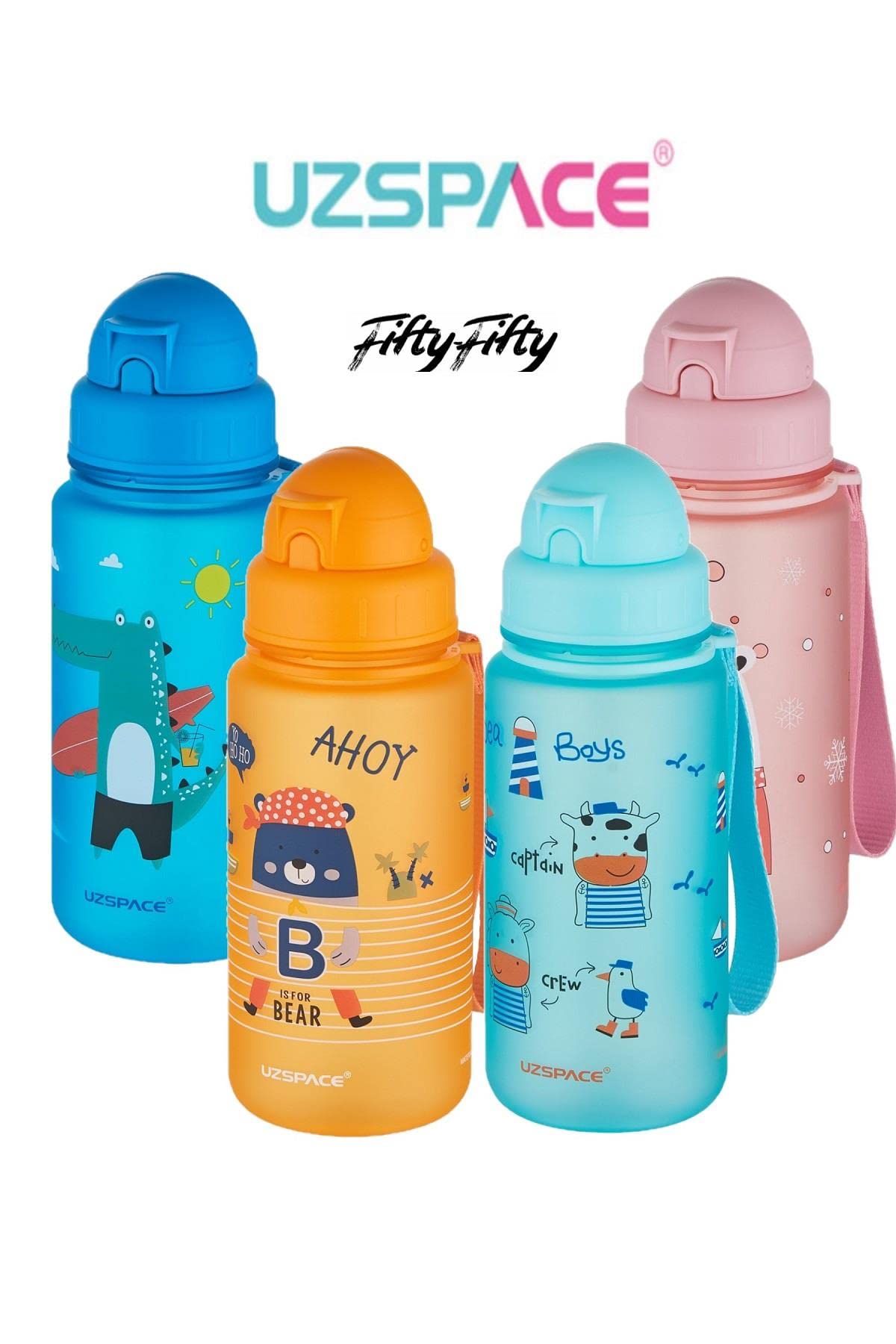 UZSPACE Figürlü 400 ml Pipetli Tritan Çocuk Su Matarası , Mavi