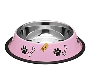 Foodie Puppies Stainless Steel Paw Bone Printed Food Water Feeding Bowl for Dogs & Puppies (Medium, 700ml, Baby Pink)