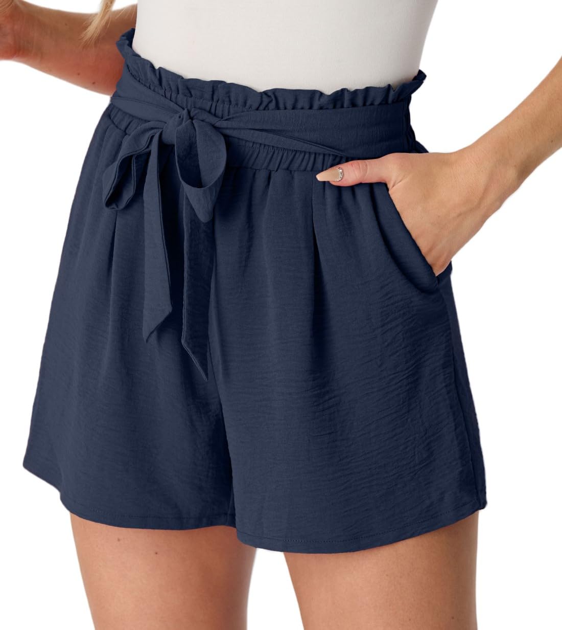 PrinStory Leicht Damen Shorts Gürtel Breites Bein Kurze Hose Mit Taschen High Waist Sommershorts