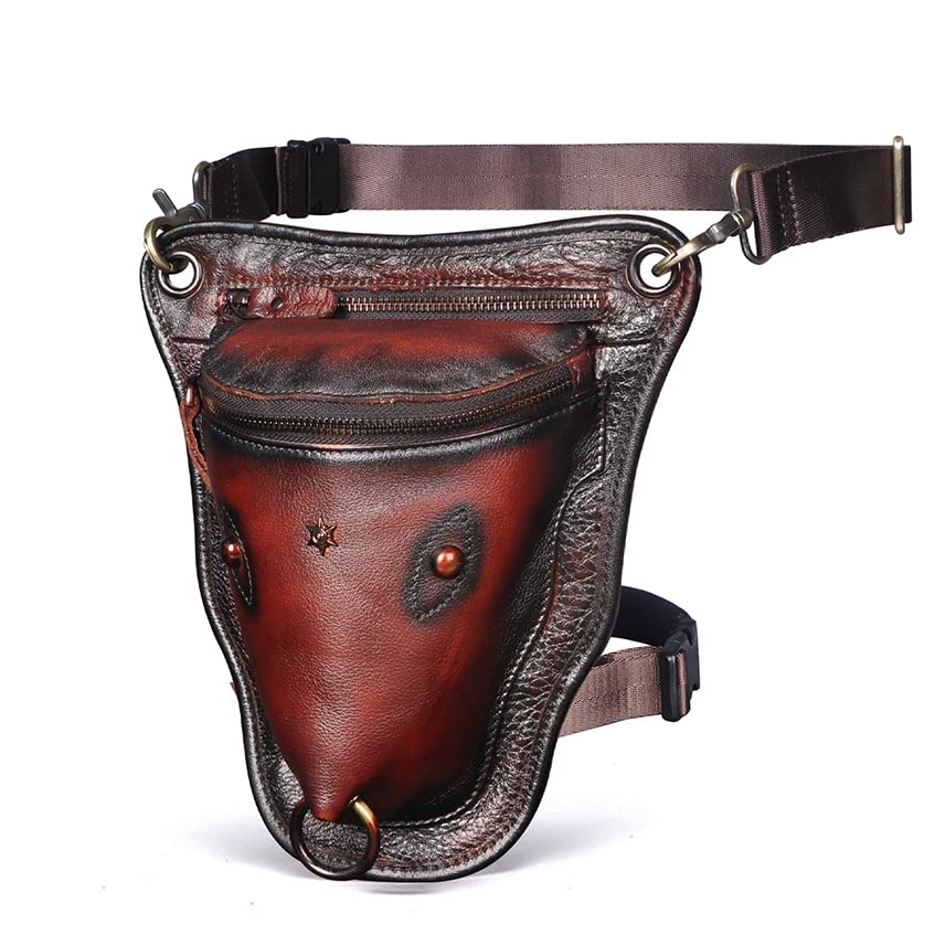 Marsupio Da Gamba, Marsupio Moto Vera pelle da uomo design casual marrone classico spallacci moda viaggio pantaloni cintura borse gamba(Burgundy)