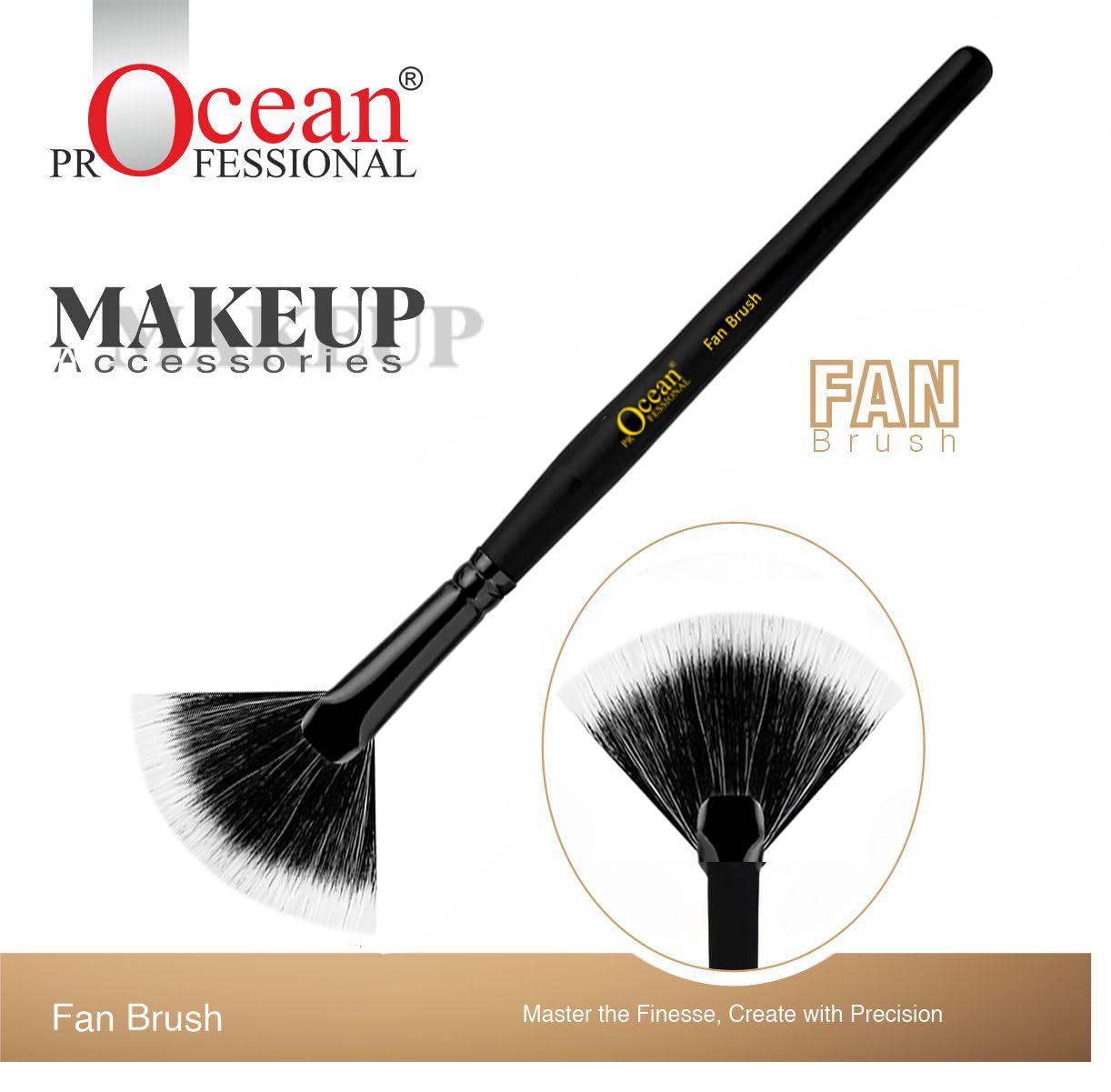 Ocean Professional Fan Brush 02 – Matte Black Professional Series Edition | Soft Synthetic Bristles for Highlighter, Powder, Finishing & Skincare | Natural Wood Handle, Black Aluminium Ferrule for Flawless Application 1