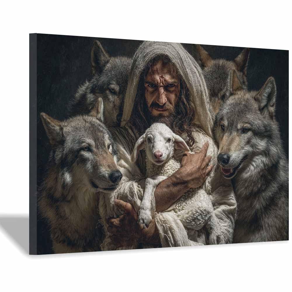 ZAMAEIU Jesus Christ Classic Painting Style Encircling thes lambs Religious Figure Wall Art Print,Room Decor for living room, bedroom, church, hospital(white)-50x70cm Framed
