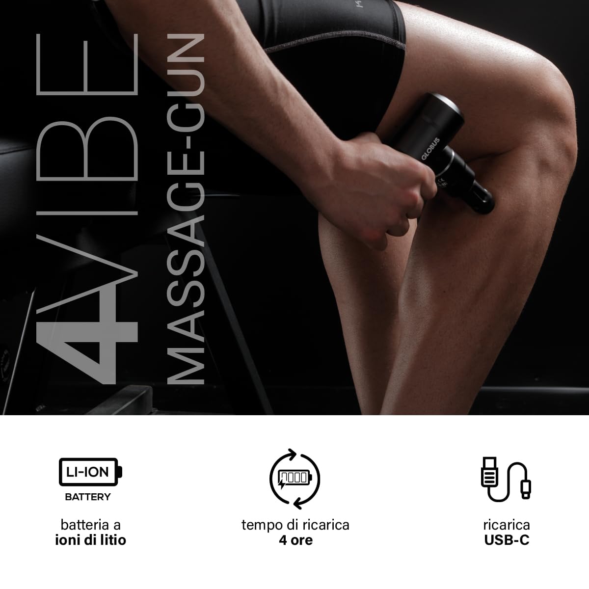 GLOBUS | 4 Vibe Massage Gun, Pistola Massaggio Muscolare a 4 Velocità, Ideale per Rilassamento e Recupero Post Attività Fisica