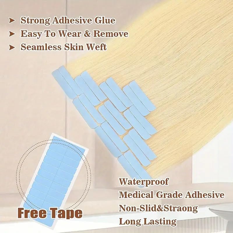 Tape in Hair Extensions Human Hair Platinum Blonde 18 Inch 50g/pack 20pcs Straight Seamless Skin Weft Tape in Real Human Hair Extensions (60A, 18inch)