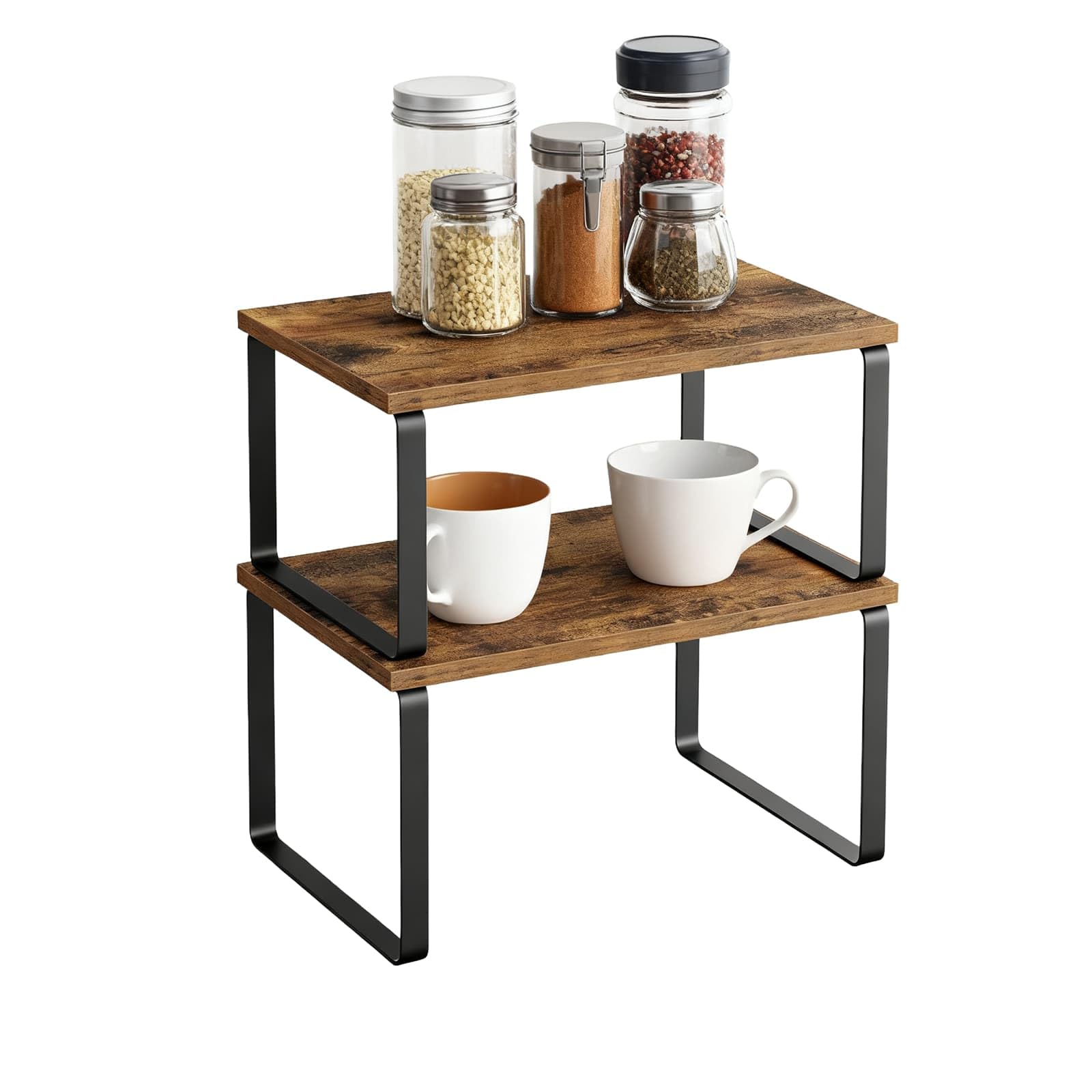 Weeloo Black Set Of 2 Wood & Metal Spice Rack, Stackable Kitchen Cupboard Organiser, Expandable Spice Holder, Cupboard Storage Rack For Countertop, Pantry, Space-Saving (Black)
