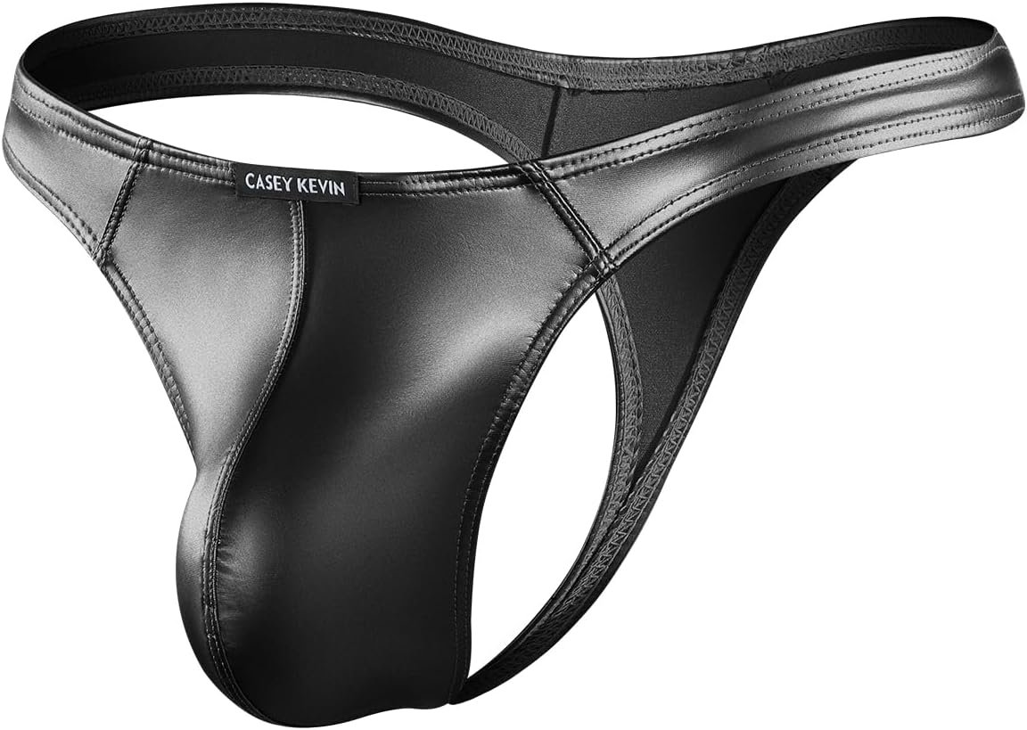 Casey Kevin Mens Leather Thong Sexy Shiny Metallic Underwear Low Rise G-string Bikini Swimsuit Sparkly T Back