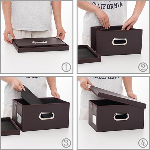 Miniatura 17 de PRANDOM Cajas de almacenamiento apilables grandes con tapas [paquete de 5] contenedores de almacenamiento plegables de tela de cuero, cestas