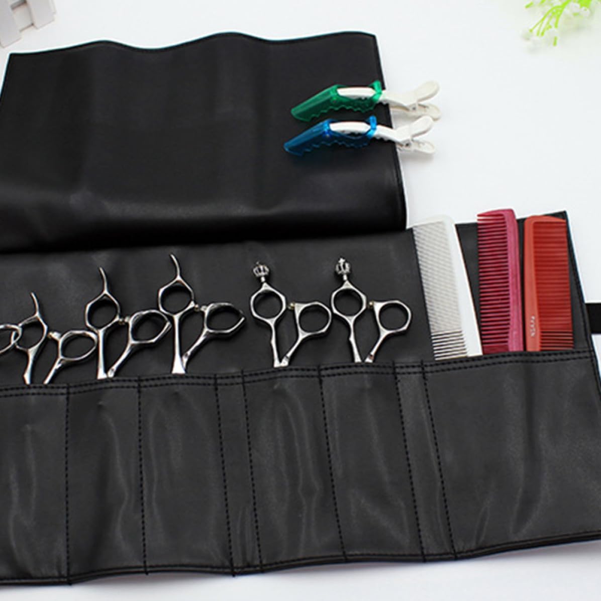 STAHAD Pu Hairdressing Scissors Bag for Barbers and Families, Foldable Lightweight Scissor Storage Case with Maximum Capacity for 6 Scissors, Black Stylish Salon Tool Pouch