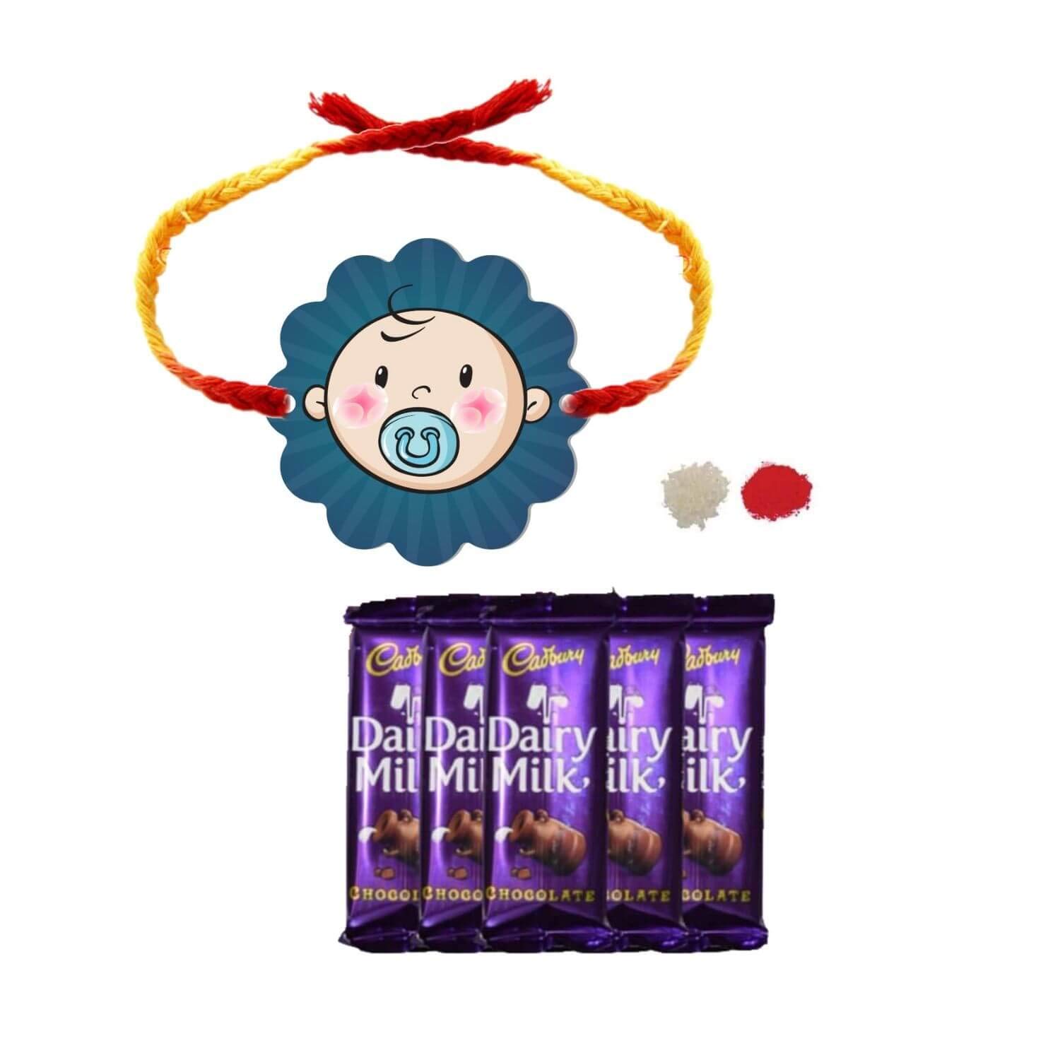 YaYa Cafe™ Rakhi Chocolates Gift Combo for Brother, Cute Baby Boy Rakhi with 5 Pcs Dairy Milk Chocolate Gift Combo Birthday