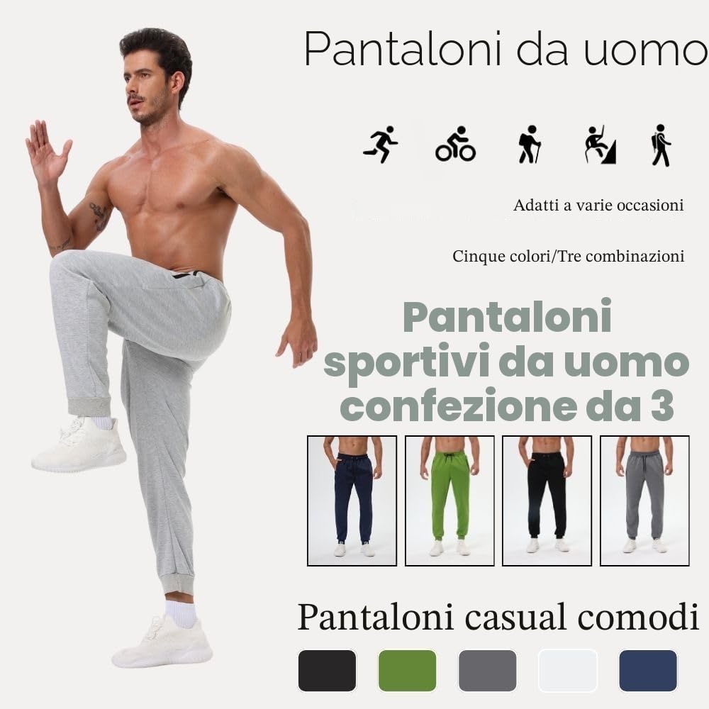Confezione da 3 pantaloni sportivi da uomo con tasche con cerniera, pantaloni da allenamento da palestra per corsa e jogging