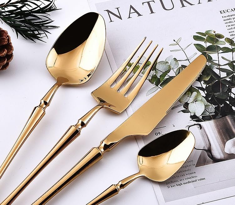 Genérico Juego de Cubiertos de 15 Piezas de Acero Inoxidable 304 con Detalles Dorados. Incluye Cuchillos, Tenedores y cucharas para Carne. Ideal para cenar y Recibir Invitados. 6 Juegos.