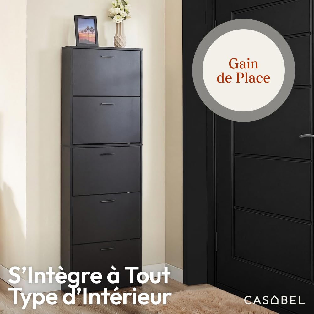 CASABEL Meuble à Chaussures 15 Paires, Portes et Cadre Noir | Rangement chaussures, 5 Abattants, Compartiments rabattables, Format étroit, Gain de place, Design moderne, Montage facile