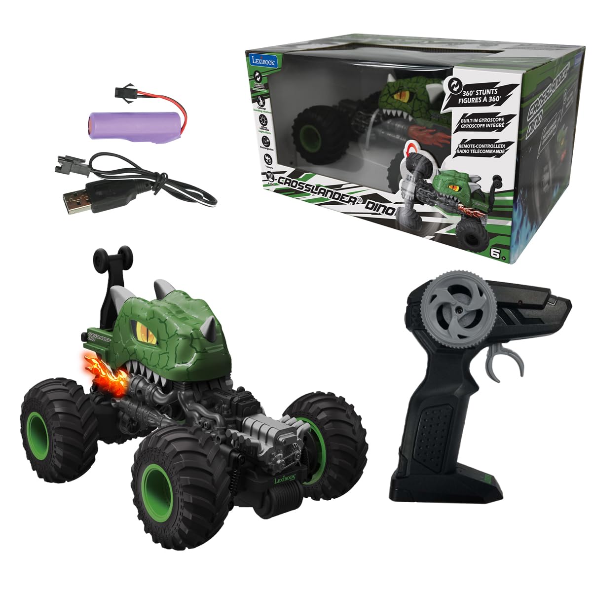 Lexibook, Coche RC Crosslander Dino, RC59DLXB | Giroscopio, acrobacias, efectos de luz, recargable