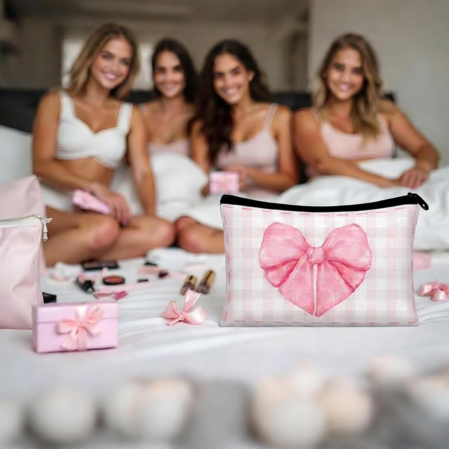 10 Pcs Pink Bow Makeup Bag Coquette Pink Bow Cosmetic Bag for Women Bow Themed Travel Zipper Pouch Coquette Party Favor for Birthday Christmas Graduation - Image 6