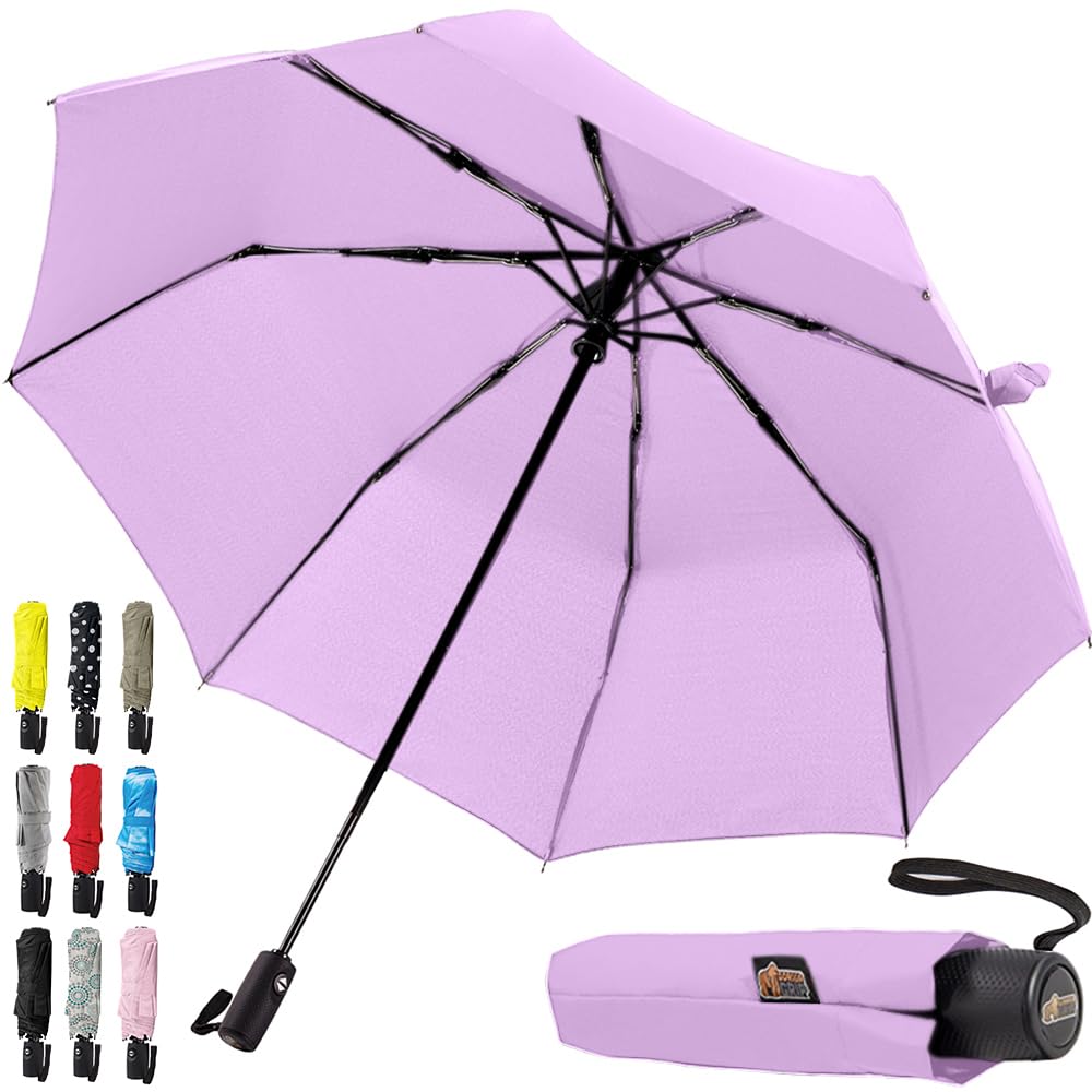 GORILLA GRIP Compact Stick Umbrella for Rain, Travel One-Click Automatic Open Close, Lightweight, Portable, US Designed Reinforced Fiberglass Ribs, Wind Resistant Easy Collapse, Purple