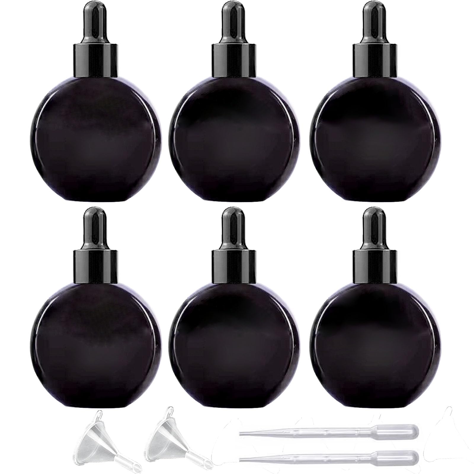 PYAWI 6Pcs,2 oz Black Glass Dropper Bottles for Essential Oils,60ml flat round perfume bottle with Eye Droppers,for Essential Oils,Perfumes, Serums,