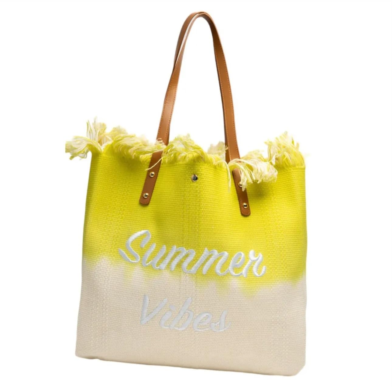 Summer Vibes Canvas Beach Tote Bag, Yellow Ombre with Fringe-image-20