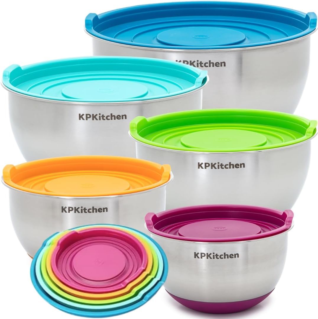 KPKitchen Cuencos para mezclar de acero inoxidable con tapas herméticas (juego de 5) – Cuencos anidados para ahorrar espacio