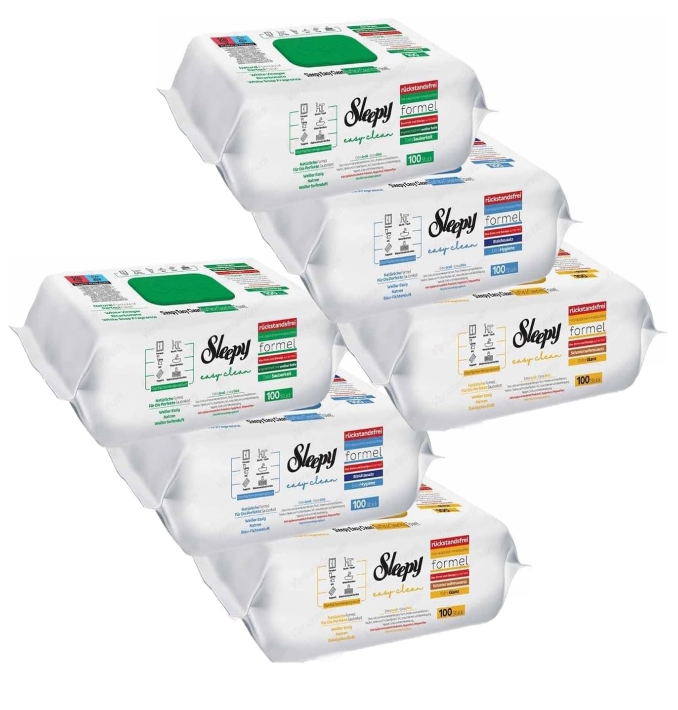 Sleepy Easy Clean - Juego de toallitas húmedas para limpieza de superficies (2 amarillos, 2 verdes, 2 azules, 600 toallitas)