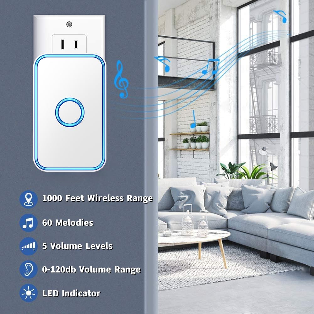 Genérico Kit de Timbre inalámbrico, Impermeable, 300 m, enchufable, inalámbrico, 1 Receptor + 3 pulsadores, Kit de Timbre con 5 Niveles de Volumen y Flash LED, 60 timbres, fácil de Instalar