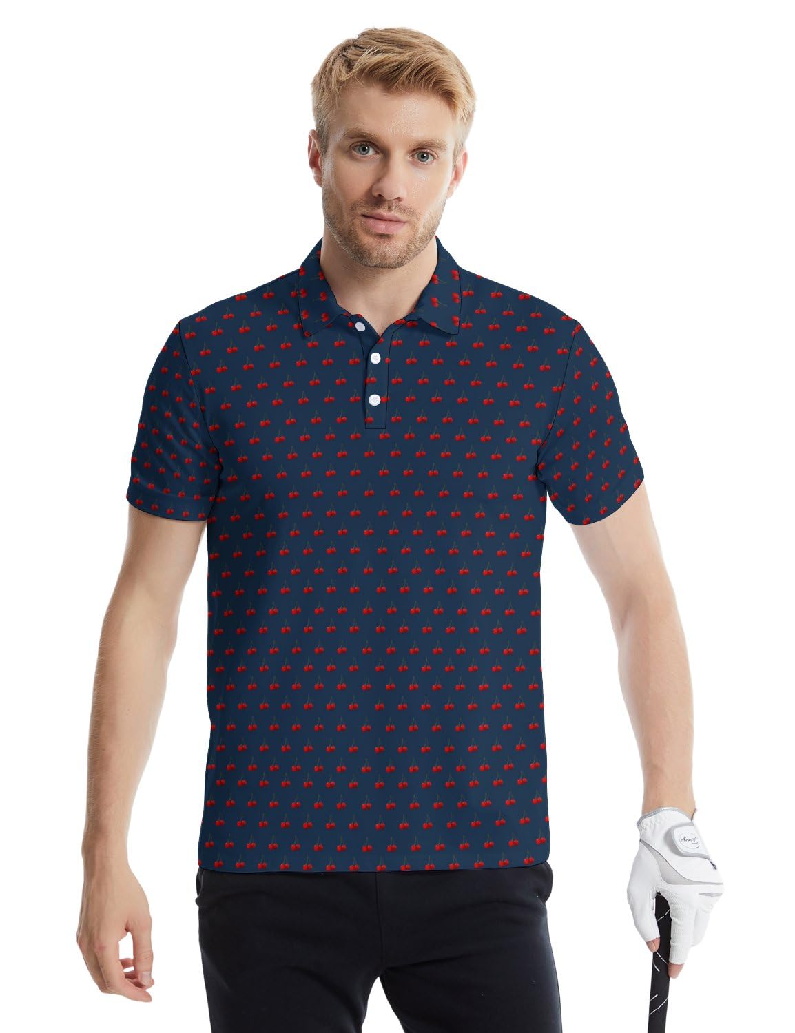 GDEVIG Mens Funny Polo Shirts, Cherry Fruit Golf Shirts Short Sleeve, Moisture Wicking Quick-Dry Business Casual Shirt for Men