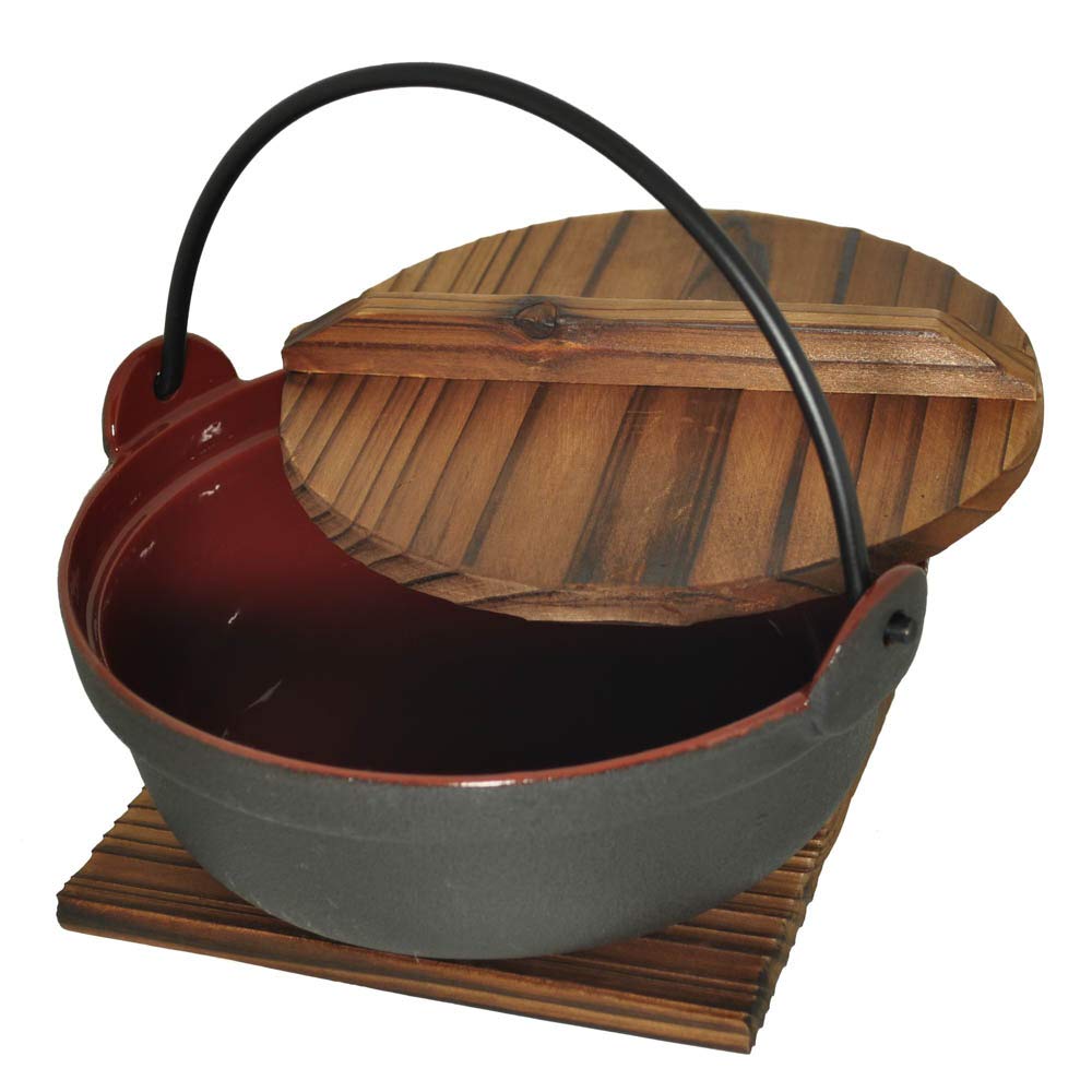 Japanese Style Enamel Coated Cast Iron Pot with Wooden Lid and Base, 9.75 Inches (DIA) x 3.75 Inches (HIGH), 11 Cups