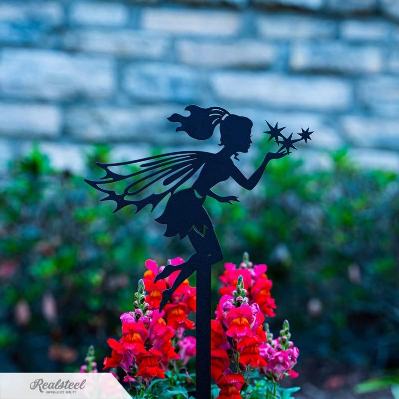 RealSteel Fairy Garden Starter Set – 4 Metal Fairy Garden Stakes with Fairies & Mushroom House | Outdoor Yard Art & Lawn Décor | Whimsical Garden Ornaments for Flower Beds & Planters | Black
