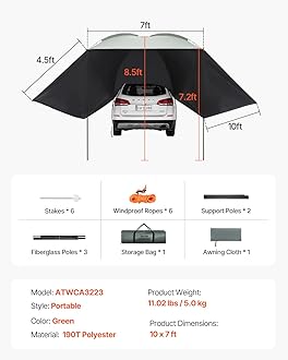 VEVOR Versatility Camping Tent - Moonshade Awning Auto Canopy with UV50+ Protection & PU3000mm Water Resistance, Ideal for Truck Bed, SUV, RV, Van, and Trailer Overlanding Gear, Tear-Resistant
