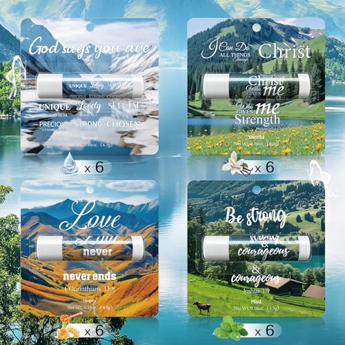 Image of 24 Pcs Christian Lip Balm with Scripture Church Small Gifts Bulk Natural Scenery Lip Balms Religious Faith Bible Verse Inspirational Gift Party Favors Coworkers