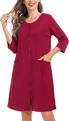 Miniatura 3 de SWOMOG Women Zip Up Robe 34 Sleeve Housecoat Soft Cotton Zipper Front Nightgown Loungewear with Pockets